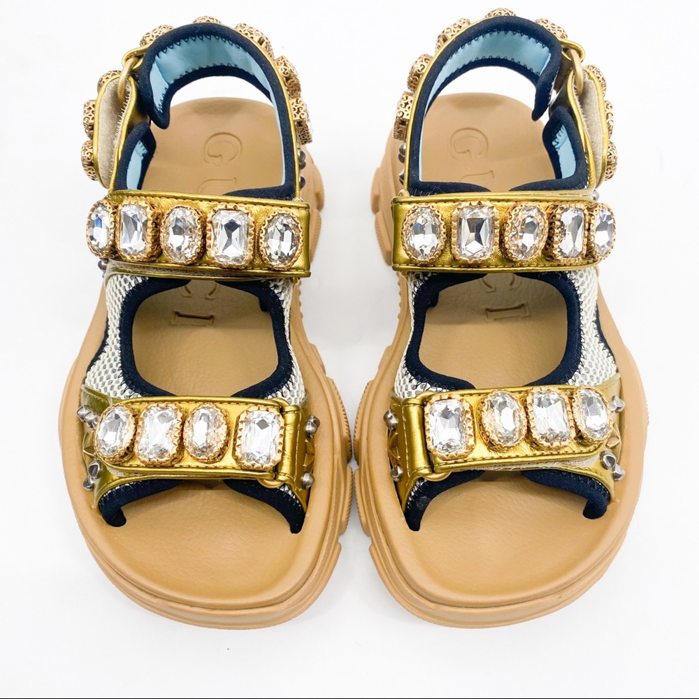 GUCCI Technical Canvas Calfskin Womens Aguru Crystal Sandals Gold